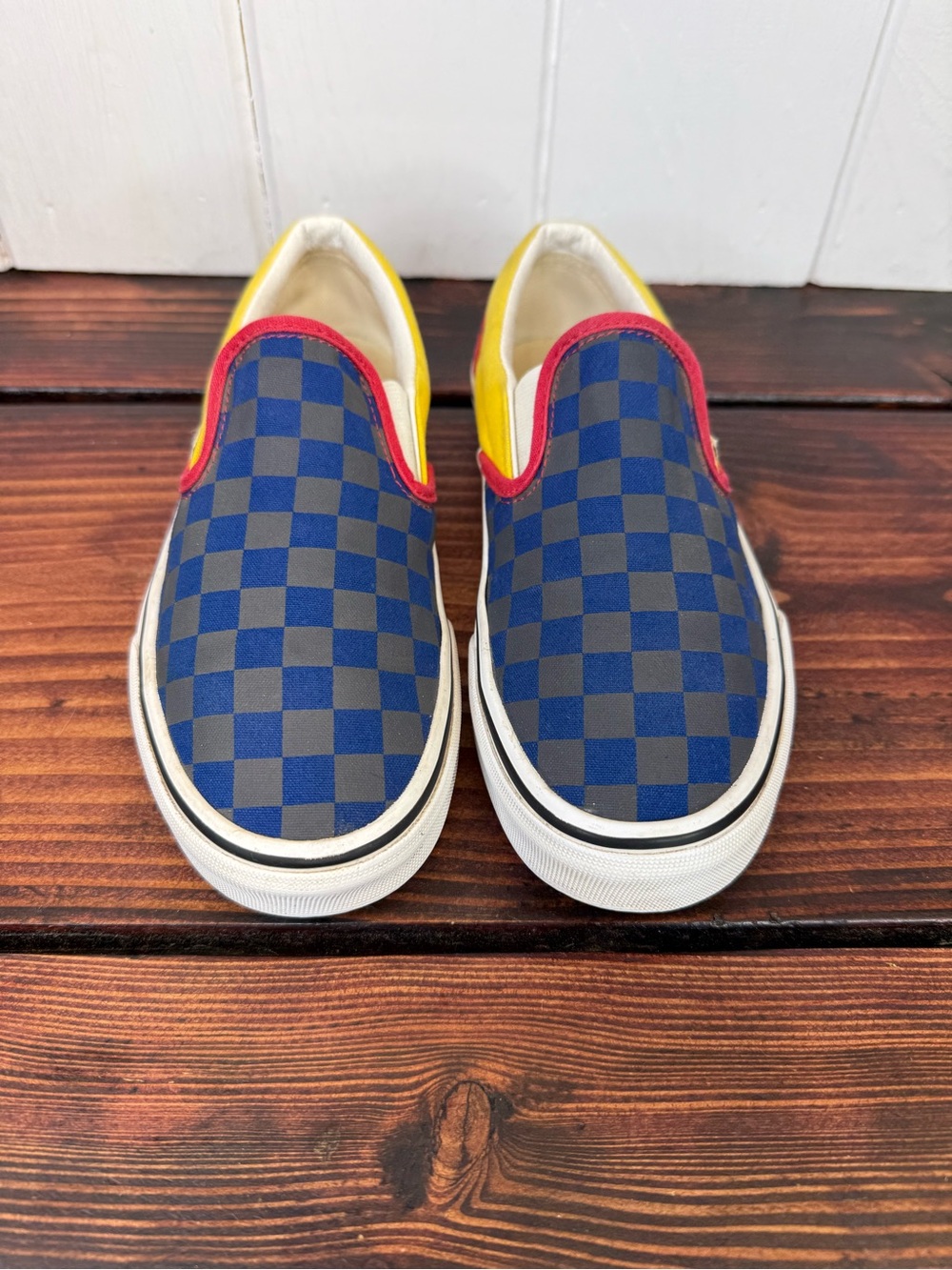 Vans Classic Slip-On Checkerboard Sneakers – Blue/Gray & Yellow/Red – Women’s 7